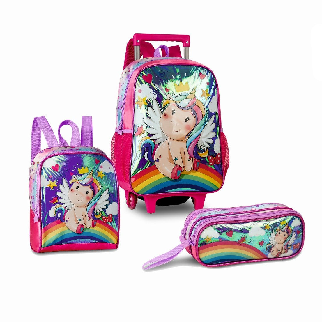 Set escolar Unicornio de 16 pulgadas con mochila con ruedas, fiambrera y estuche